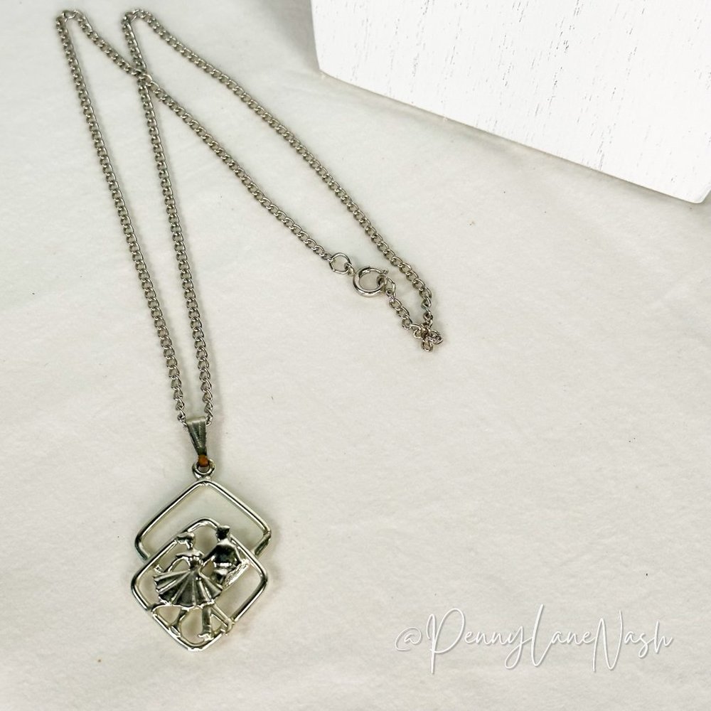 Vintage Dancing Couple on 2 Squares Pendant Necklace - Picture 5 of 6